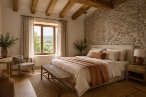 Dormitorio rústico moderno con madera, piedra y textiles naturales