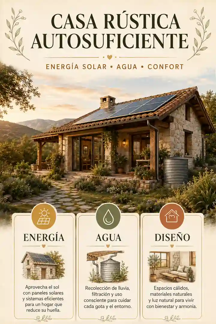 Casa rústica autosuficiente con paneles solares, captación de agua y diseño eficiente
