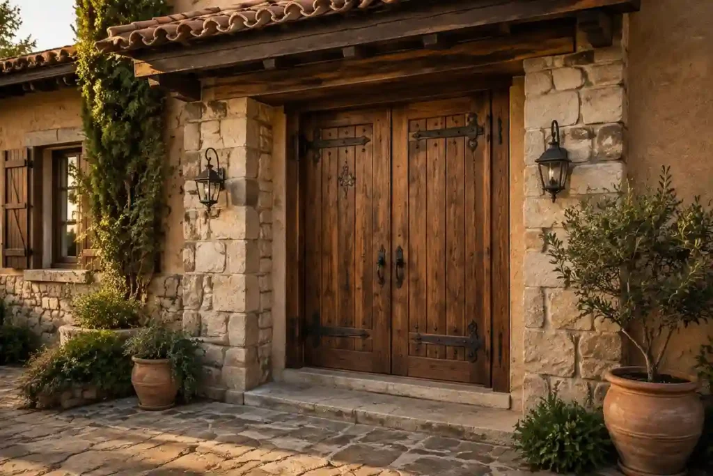 Puerta rústica principal de madera con herrajes negros en una casa de campo