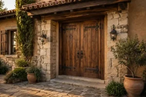 Puerta rústica principal de madera con herrajes negros en una casa de campo