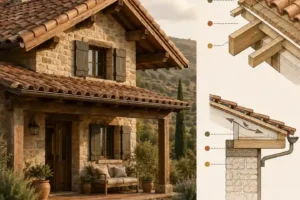 Infografía de techos rústicos para casas de campo con teja, madera y detalle constructivo