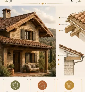 Infografía de techos rústicos para casas de campo con teja, madera y detalle constructivo