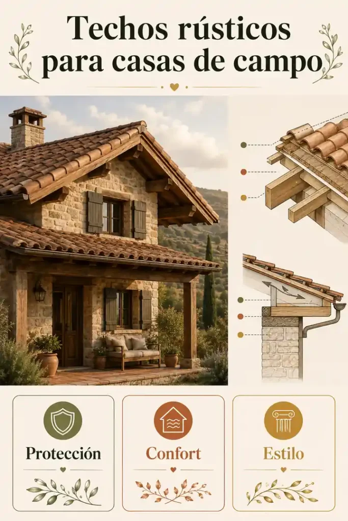 Infografía de techos rústicos para casas de campo con teja, madera y detalle constructivo