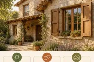 Infografía de ventanas para casas rústicas con luz, ventilación y paisaje