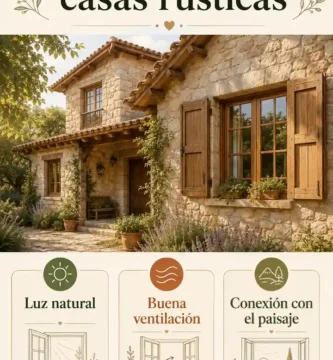 Infografía de ventanas para casas rústicas con luz, ventilación y paisaje