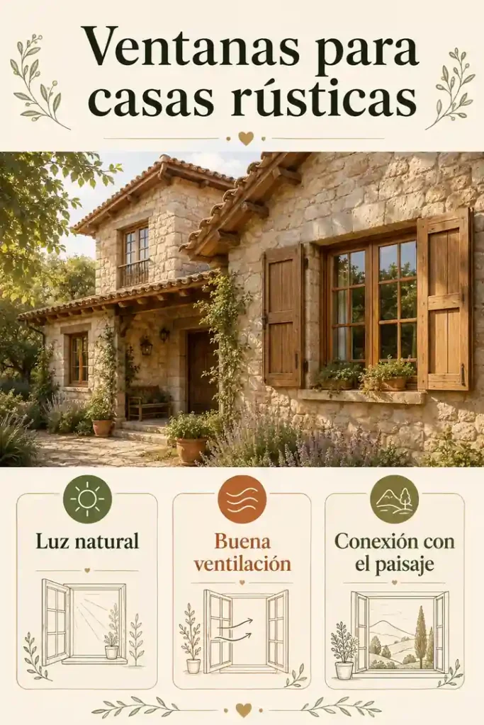 Infografía de ventanas para casas rústicas con luz, ventilación y paisaje
