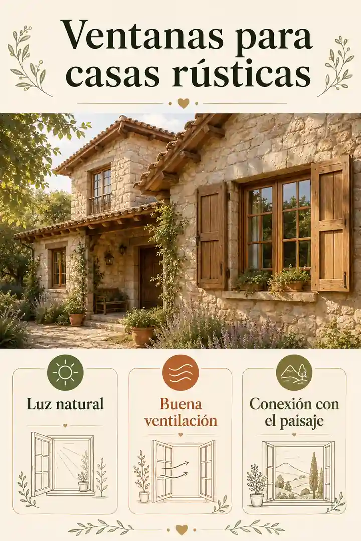 Infografía de ventanas para casas rústicas con luz, ventilación y paisaje