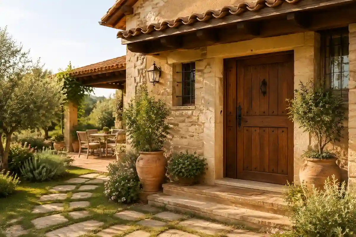 Puerta principal rústica conectada con jardín y camino de piedra