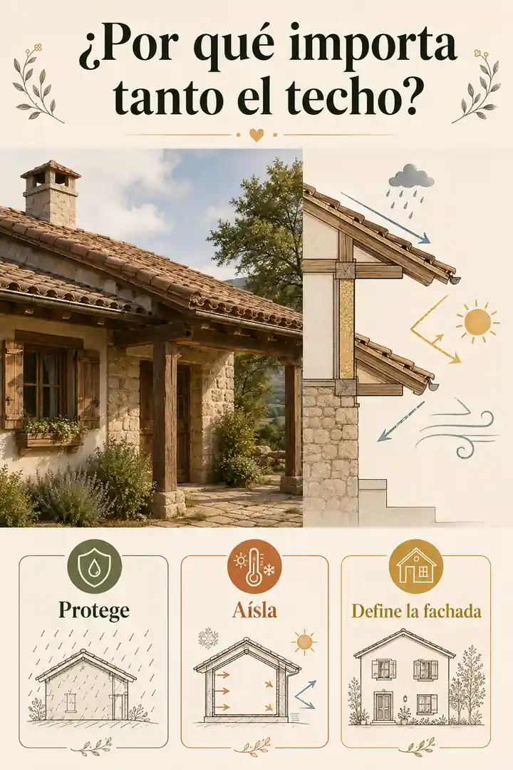 Infografía sobre la importancia del techo en una casa rústica