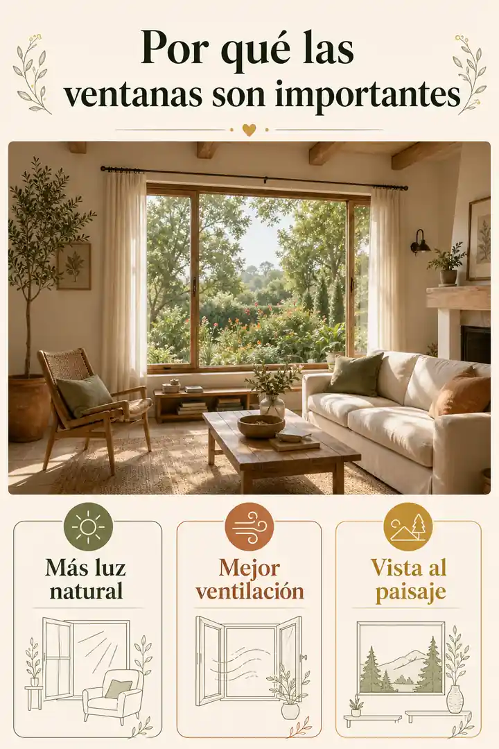 Infografía sobre la importancia de las ventanas en una casa rústica