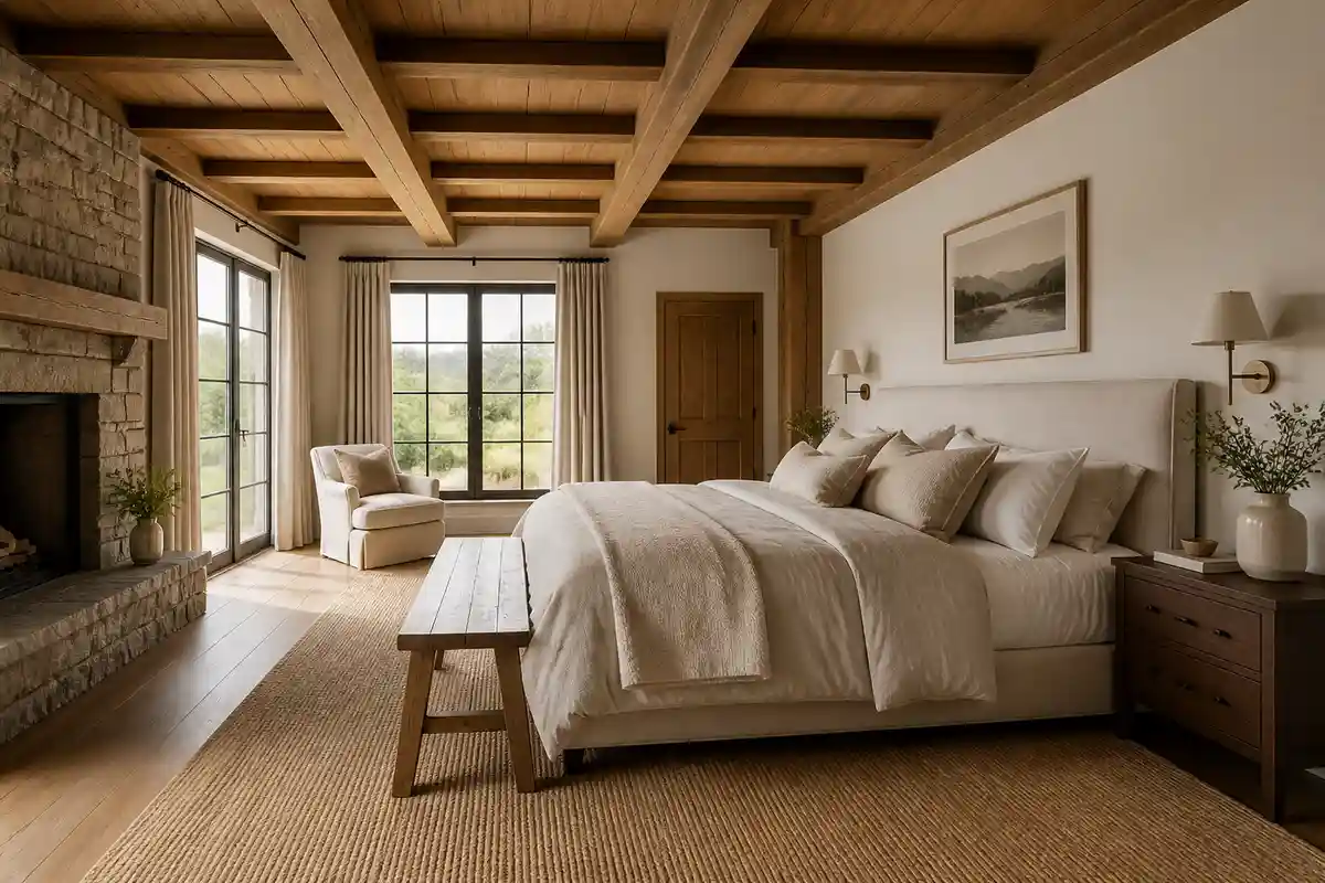 Dormitorio rústico moderno con materiales naturales y diseño contemporáneo
