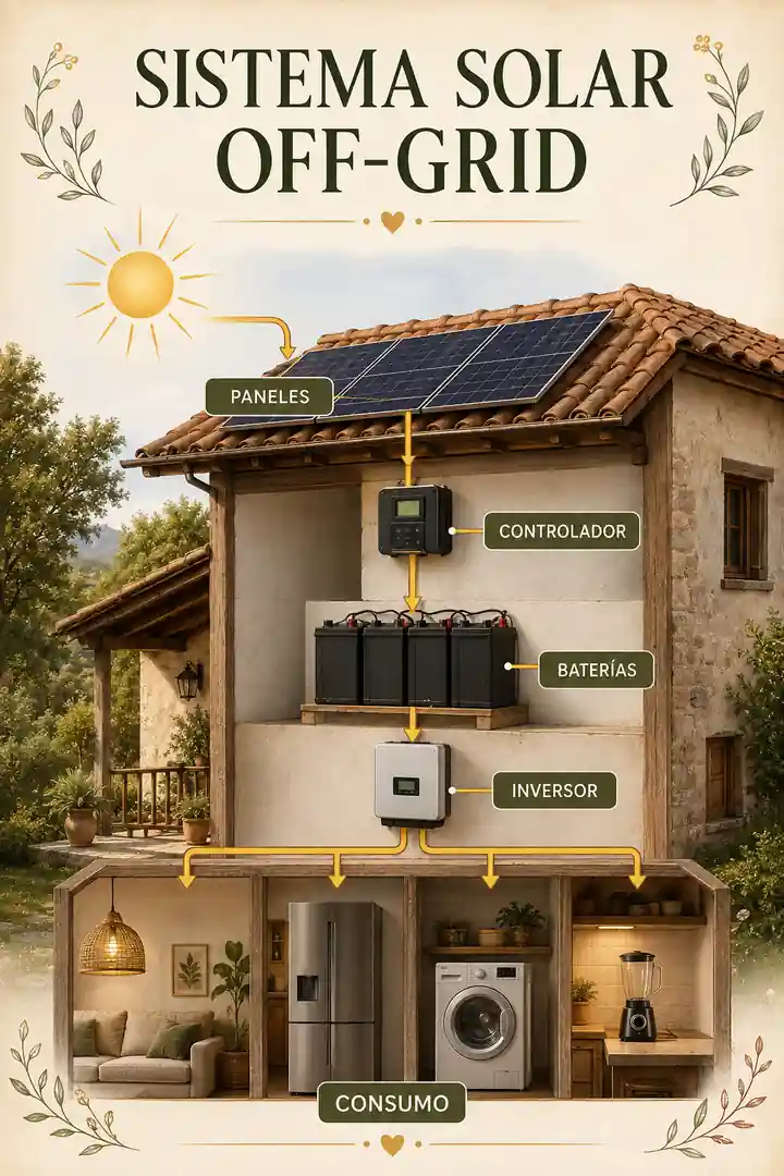 Infografía del sistema solar off-grid con paneles, controlador, baterías e inversor