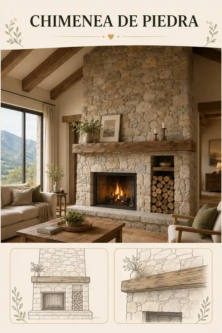 Chimenea rústica de piedra natural con repisa de madera en una casa de campo