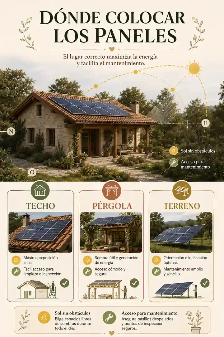 Opciones para colocar paneles solares en techo, pérgola o terreno