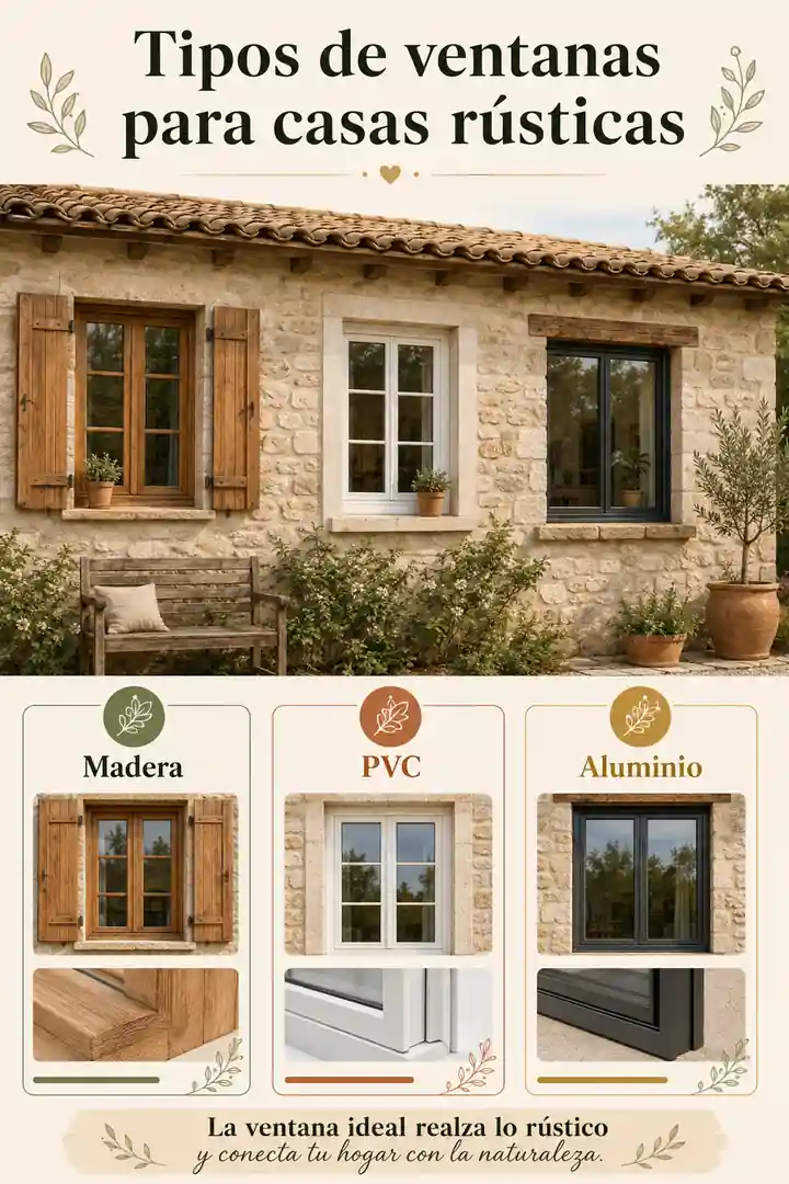 Infografía de tipos de ventanas de madera, PVC y aluminio
