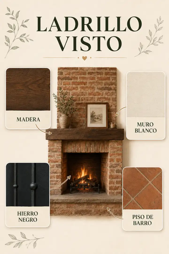Combinaciones de ladrillo visto con madera, muro blanco, hierro negro y piso de barro