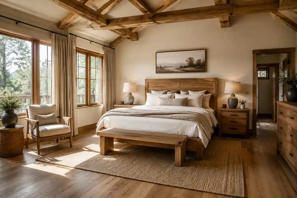 Dormitorio rústico moderno decorado con madera natural