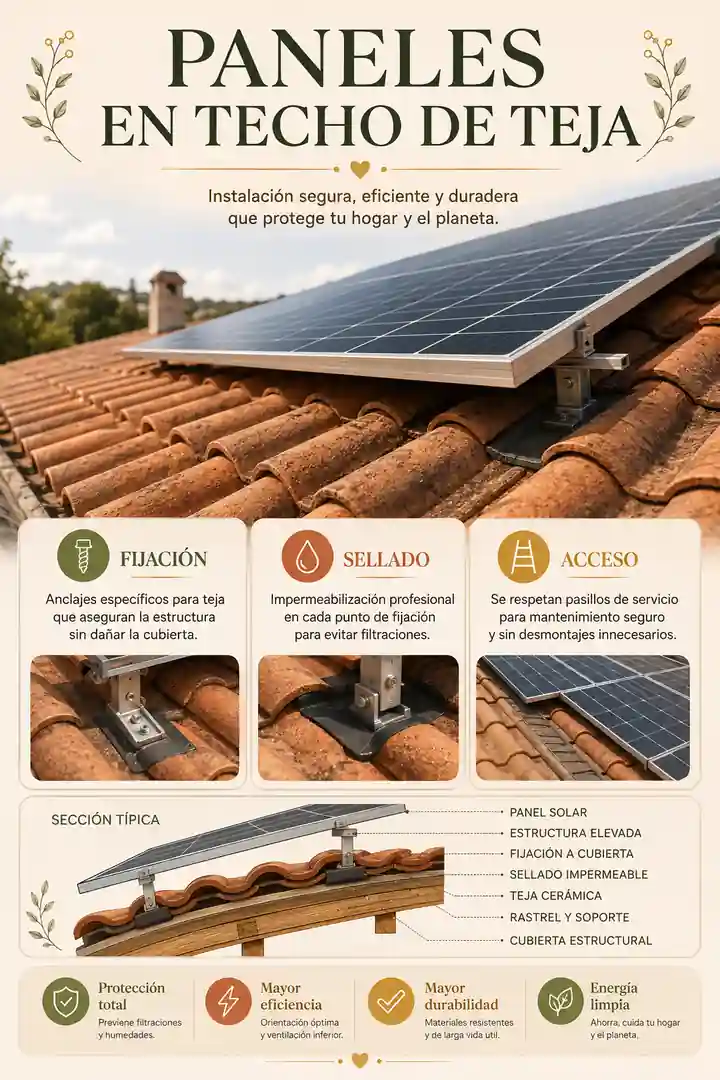 Instalación de paneles solares en techo de teja con fijación y sellado