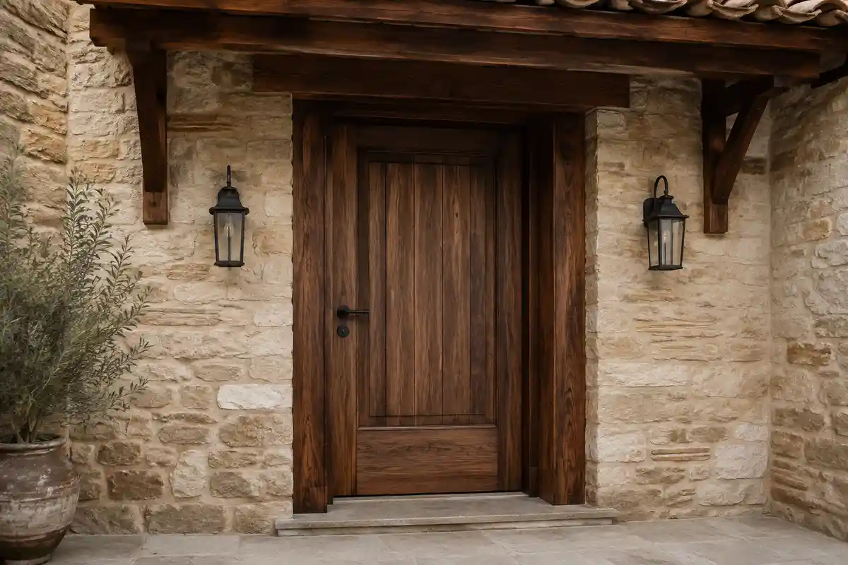 Puerta exterior de madera maciza en fachada de piedra