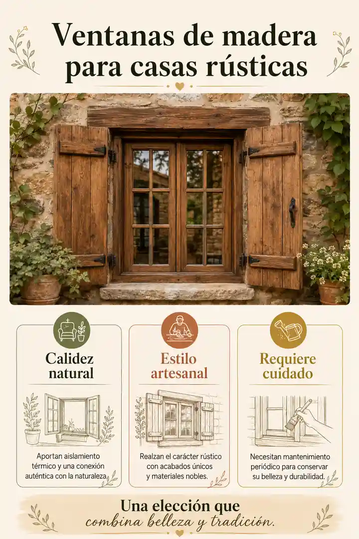 Infografía de ventanas de madera para casas rústicas