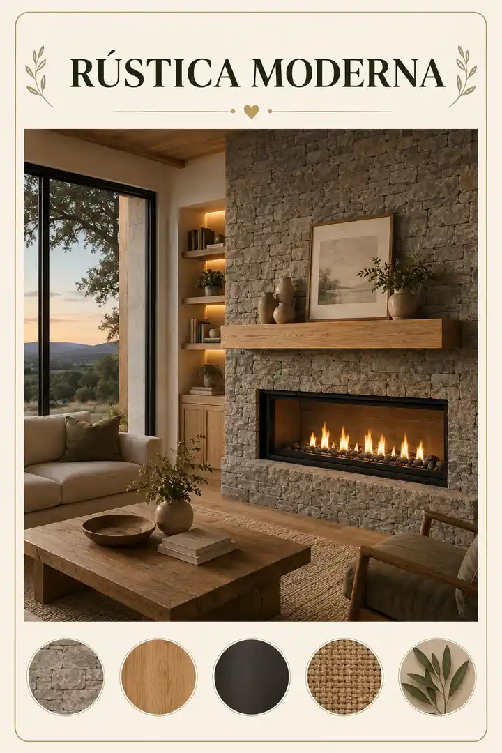Chimenea rústica moderna de piedra gris, madera y hierro negro