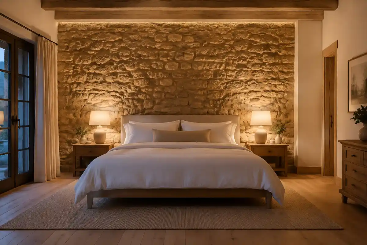 Dormitorio rústico con pared de piedra detrás de la cama