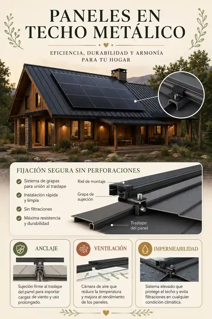 Paneles solares sobre techo metálico de una casa rústica