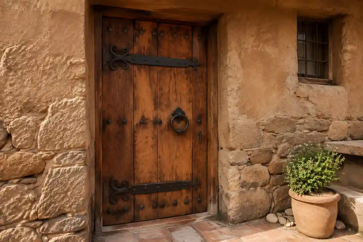 Puerta rústica de madera con herrajes de hierro negro