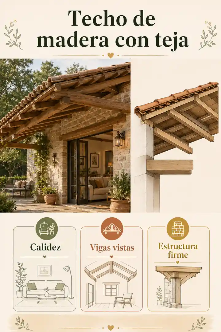 Infografía de techo de madera con teja y vigas expuestas