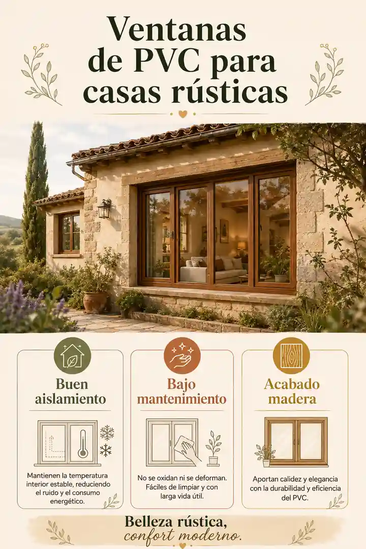 Infografía de ventanas de PVC con acabado de madera