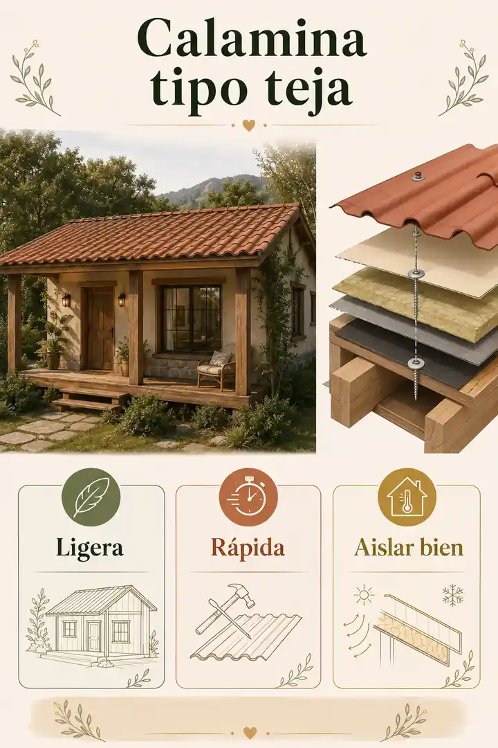 Infografía de calamina tipo teja para casas rústicas
