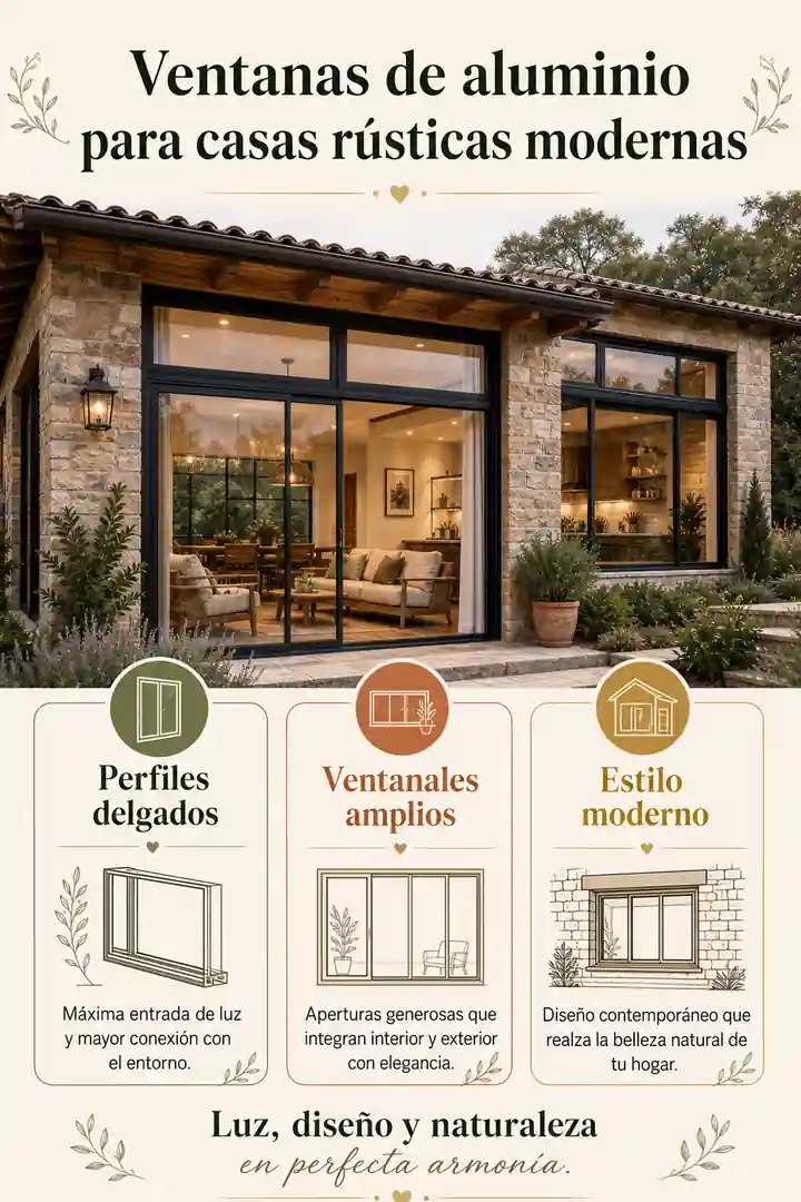 Infografía de ventanas de aluminio para casas rústicas modernas