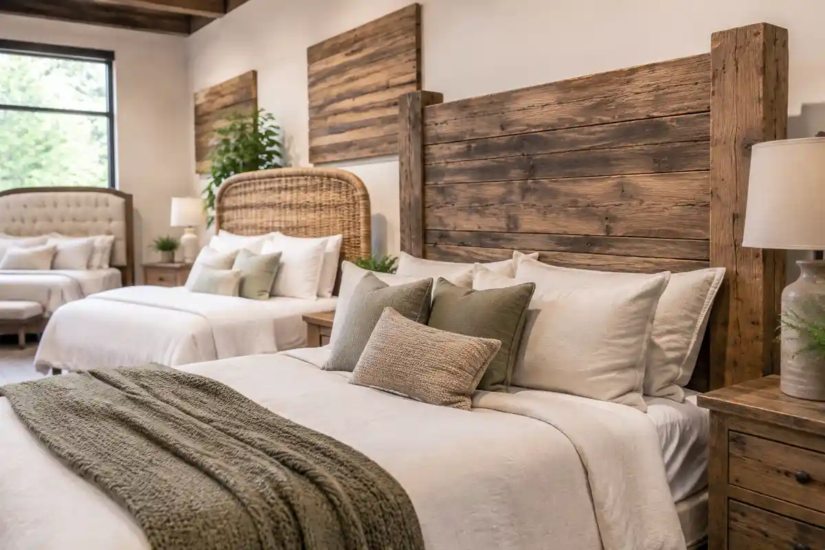 Cabecera rústica de madera como punto focal del dormitorio
