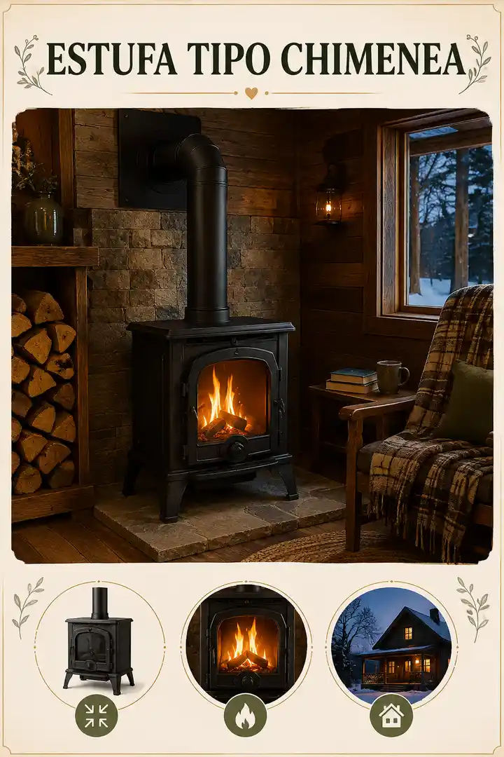 Estufa tipo chimenea de hierro fundido en una cabaña rústica