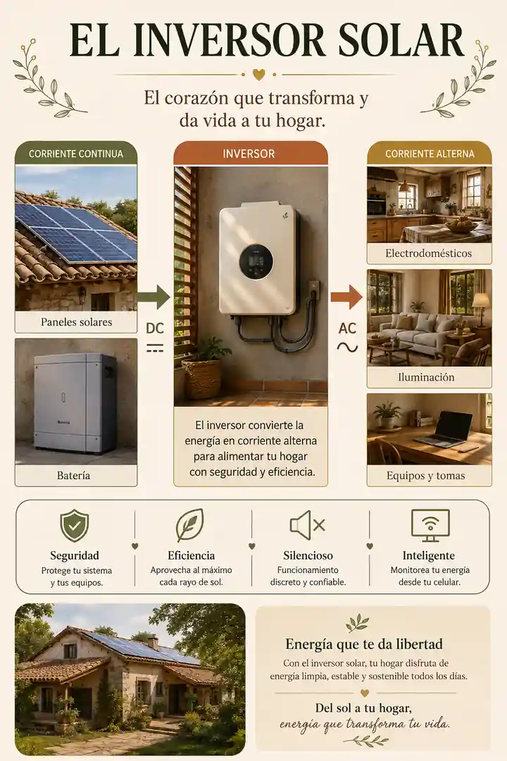 Infografía del inversor solar y la conversión de corriente para una vivienda
