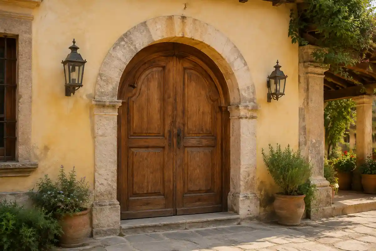 Puerta rústica arqueada con marco de piedra