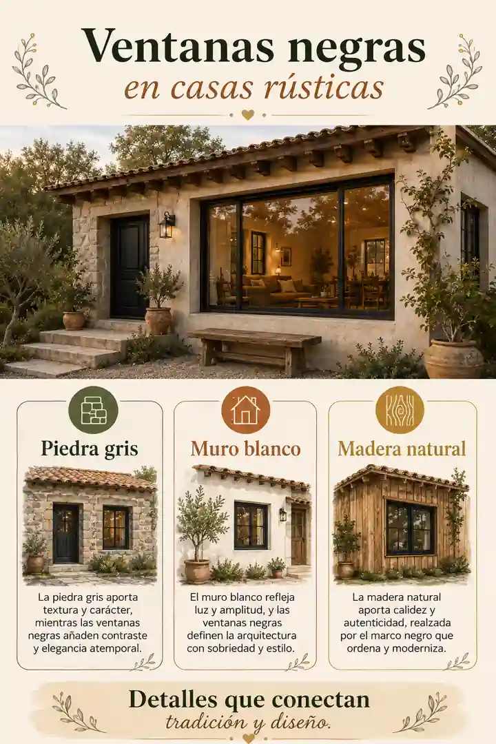Infografía de ventanas negras combinadas con fachadas rústicas