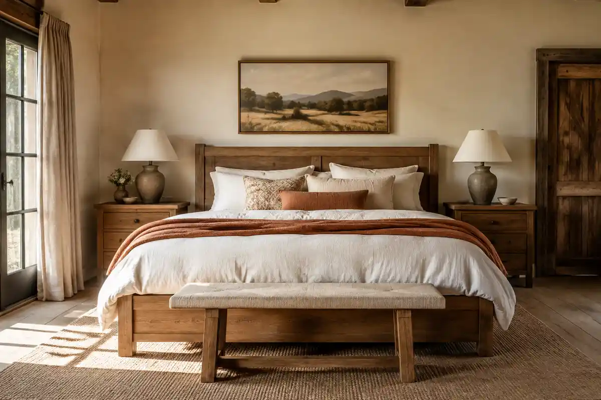 Cama de madera con textiles claros en dormitorio rústico