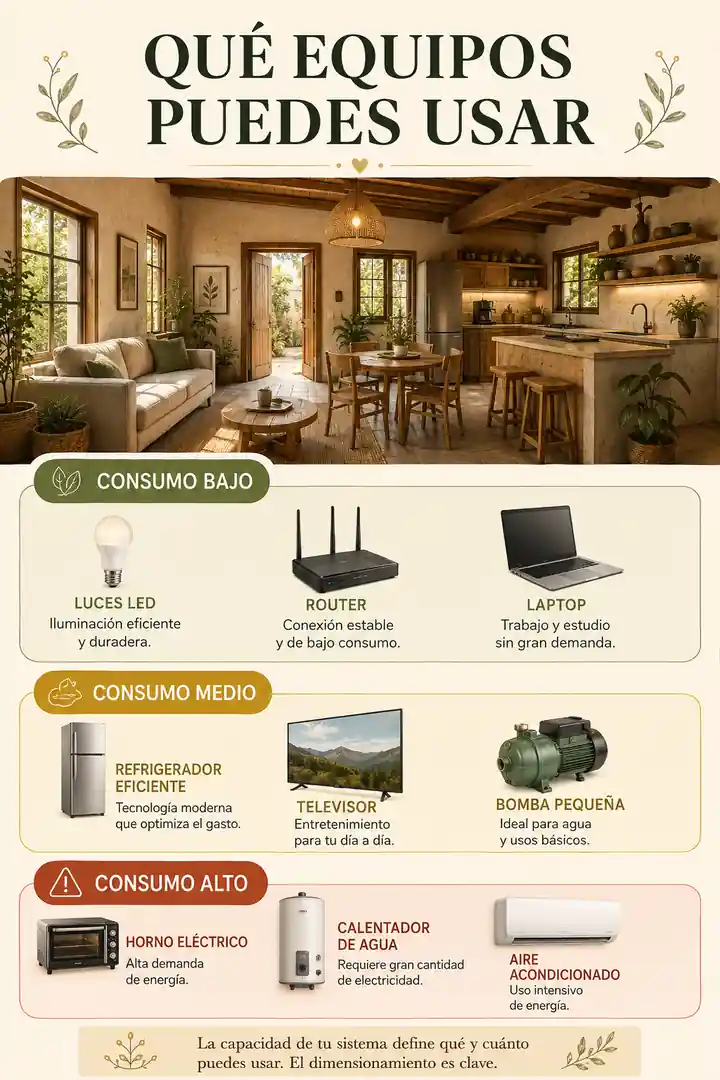 Equipos de consumo bajo, medio y alto para una casa con energía solar