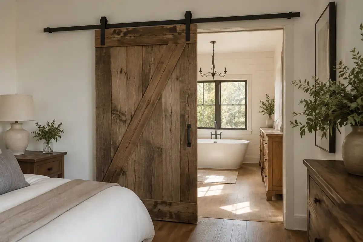 Puerta corrediza tipo granero en interior de casa de campo