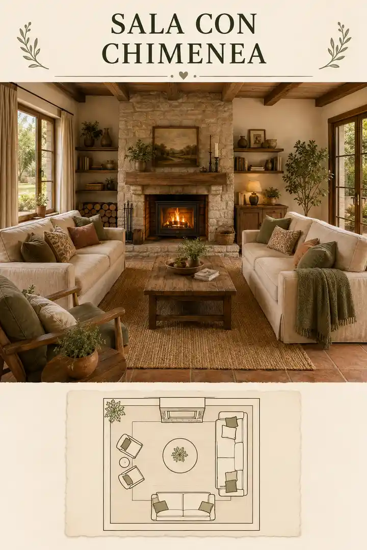 Distribución de muebles en una sala rústica con chimenea de piedra