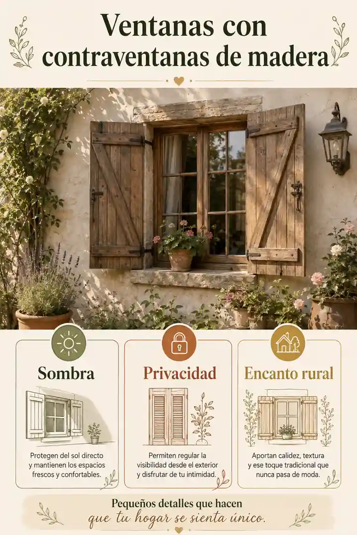 Infografía de ventanas con contraventanas de madera