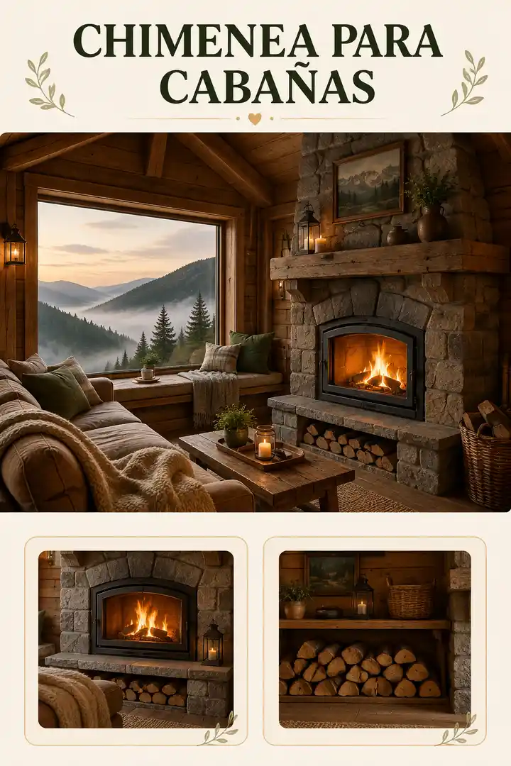 Chimenea de piedra en una cabaña de montaña con interior de madera
