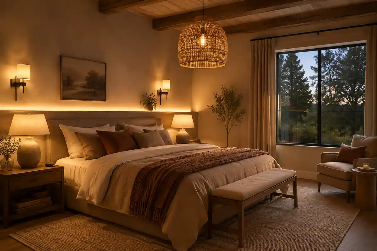 Iluminación cálida con lámparas y apliques en dormitorio rústico