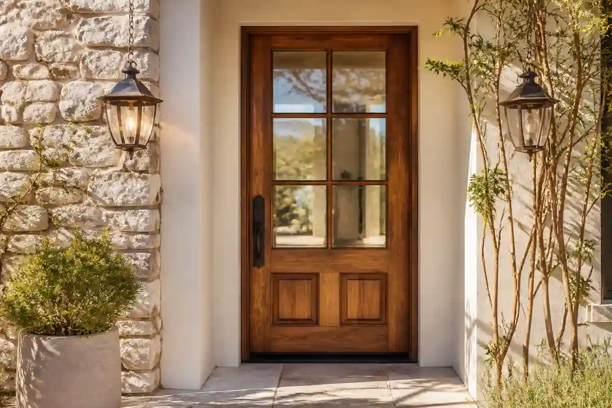 Puerta rústica de madera con paneles de vidrio