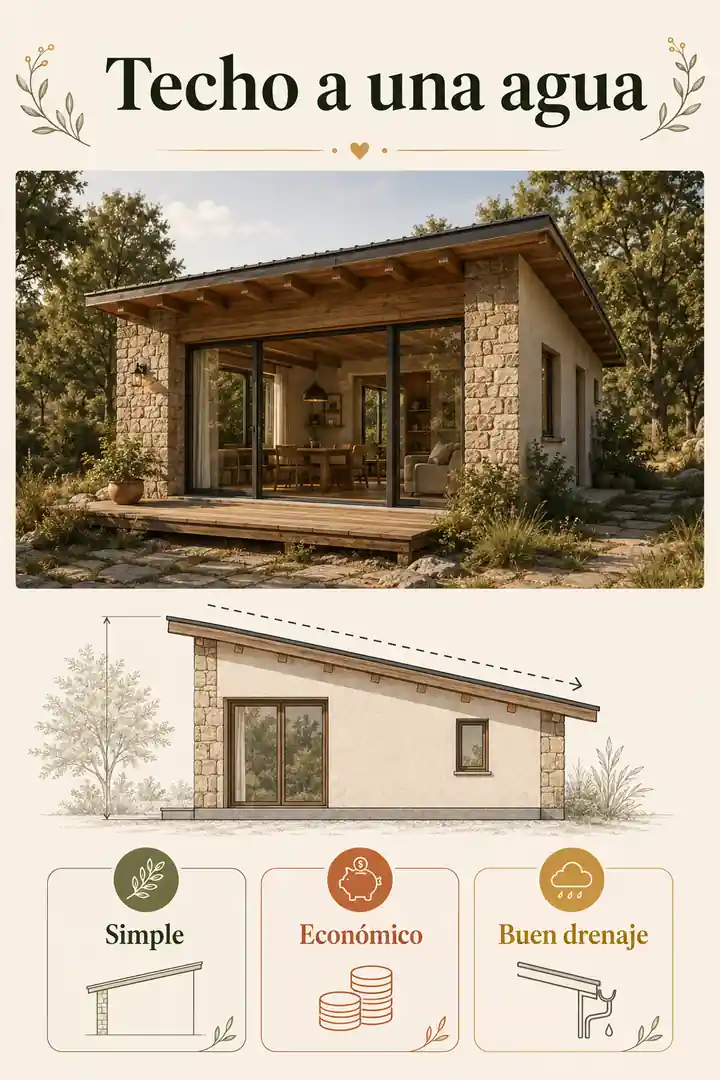 Infografía de techo a una agua para casa rústica moderna