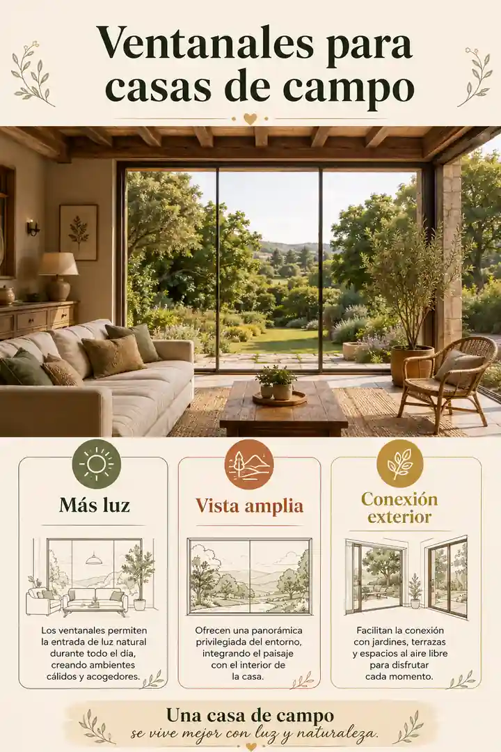 Infografía de ventanales panorámicos para casas de campo