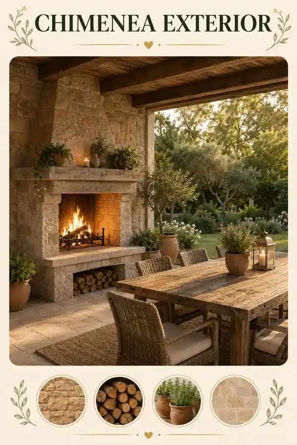 Chimenea exterior de piedra en una terraza rústica con comedor