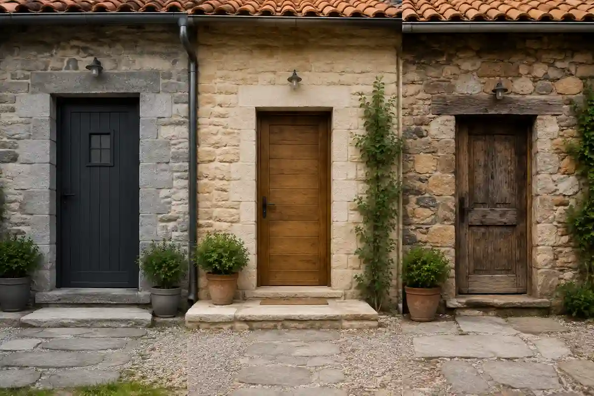 Combinaciones de puertas rústicas con fachadas de piedra