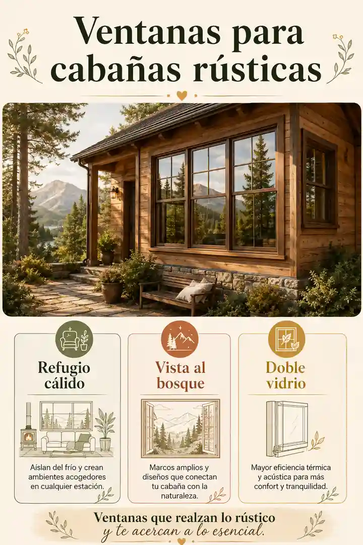 Infografía de ventanas para cabañas rústicas